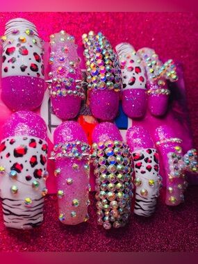 Hot Pink Rhinestone & Animal Print Press-On Nails